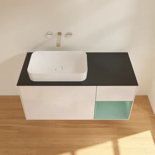 VILLEROY BOCH Toaletní skříňka Finion, s osvětlením, 3 výsuvy, 1200 x 603 x 501 mm, lesklý bílý lak / olivově matný lak / černé matné sklo #F692GMGF, obrázek 3