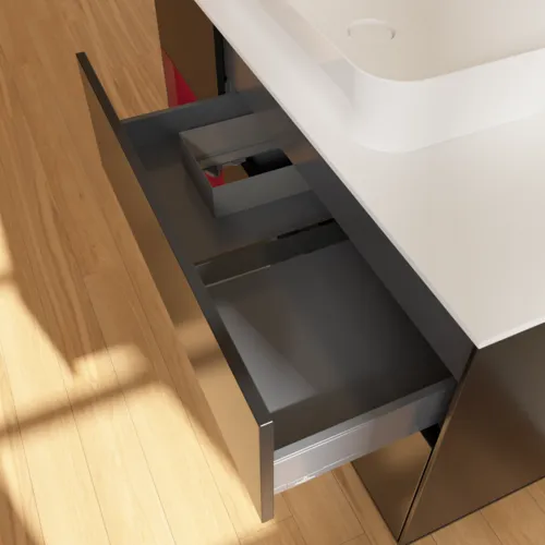VILLEROY BOCH Toaletní skříňka Finion, s osvětlením, 3 výsuvy, 1200 x 603 x 501 mm, černý matný lak / pivoňkový matný lak / bílé matné sklo #F701HBPD, obrázek 5