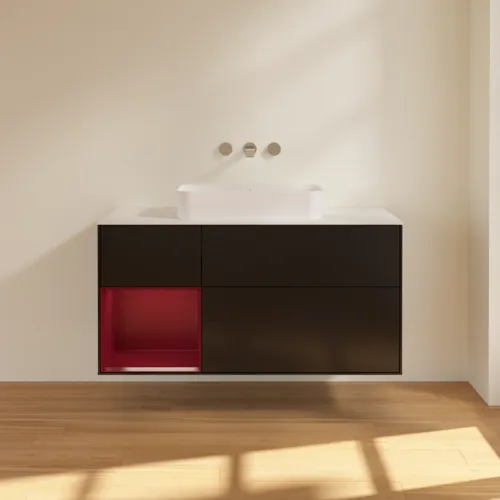VILLEROY BOCH Toaletní skříňka Finion, s osvětlením, 3 výsuvy, 1200 x 603 x 501 mm, černý matný lak / pivoňkový matný lak / bílé matné sklo #F701HBPD, obrázek 2