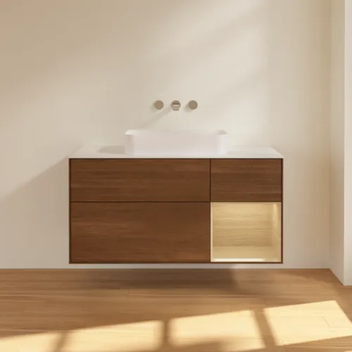 VILLEROY BOCH Toaletní skříňka Finion, s osvětlením, 3 výsuvy, 1200 x 603 x 501 mm, ořechová dýha / dubová dýha / sklo bílé matné #F711PCGN, obrázek 3