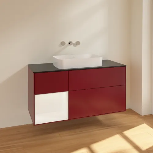 VILLEROY BOCH Toaletní skříňka Finion, s osvětlením, 3 výsuvy, 1200 x 603 x 501 mm, matný lak Peony / bílý matný lak / černé matné sklo #F702MTHB, obrázek 2