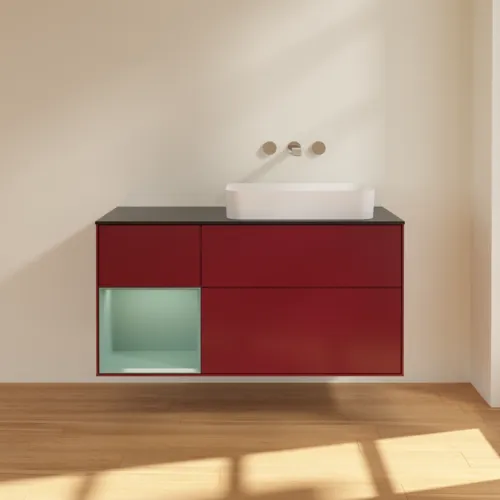 VILLEROY BOCH Toaletní skříňka Finion, s osvětlením, 3 výsuvy, 1200 x 603 x 501 mm, Pivoňka matný lak / Olivový matný lak / Sklo černé matné #F682GMHB, obrázek 2