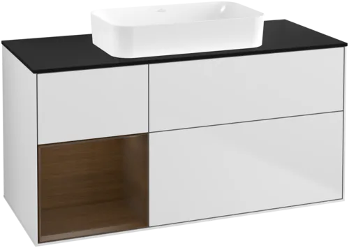 VILLEROY BOCH Toaletní skříňka Finion, s osvětlením, 3 výsuvy, 1200 x 603 x 501 mm, bílý matný lak / ořechová dýha / černé matné sklo #F702GNMT