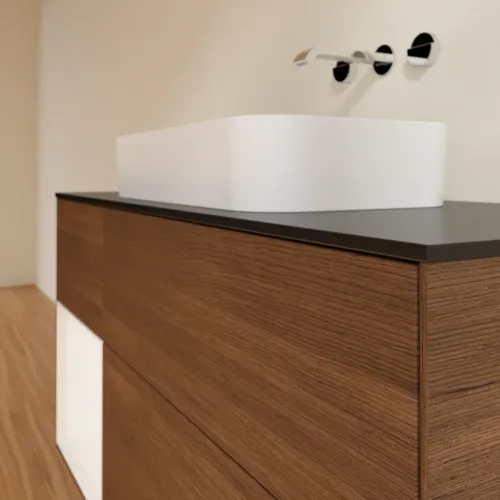 VILLEROY BOCH Toaletní skříňka Finion, s osvětlením, 3 výsuvy, 1200 x 603 x 501 mm, ořechová dýha / bílý matný lak / černé matné sklo #F702MTGN, obrázek 3