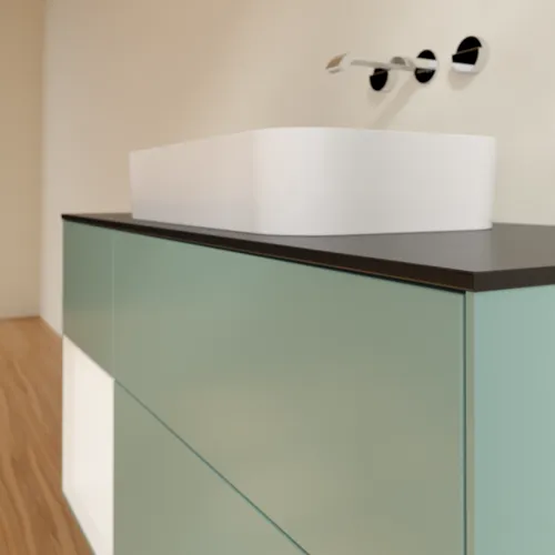 VILLEROY BOCH Toaletní skříňka Finion, s osvětlením, 3 výsuvy, 1200 x 603 x 501 mm, olivový matný lak / bílý matný lak / černé matné sklo #F702MTGM, obrázek 4