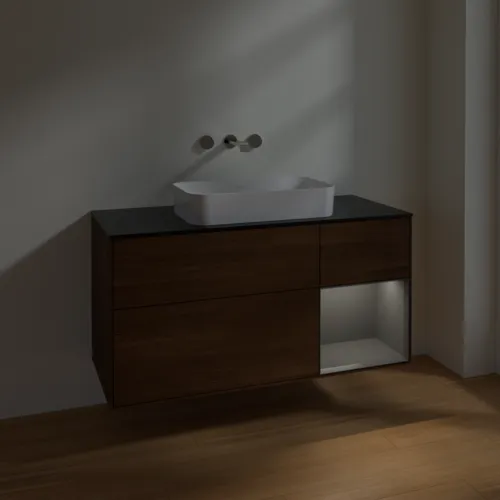 VILLEROY BOCH Toaletní skříňka Finion, s osvětlením, 3 výsuvy, 1200 x 603 x 501 mm, ořechová dýha / antracitový matný lak / černé matné sklo #F712GKGN, obrázek 5