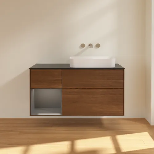 VILLEROY BOCH Toaletní skříňka Finion, s osvětlením, 3 výsuvy, 1200 x 603 x 501 mm, ořechová dýha / antracitový matný lak / černé matné sklo #F682GKGN, obrázek 3