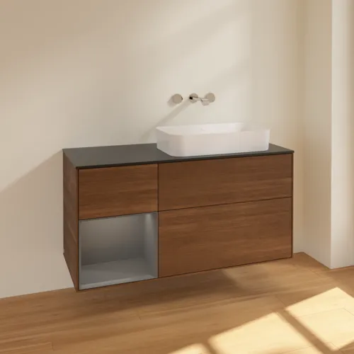 VILLEROY BOCH Toaletní skříňka Finion, s osvětlením, 3 výsuvy, 1200 x 603 x 501 mm, ořechová dýha / antracitový matný lak / černé matné sklo #F682GKGN, obrázek 2