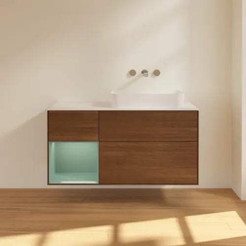 VILLEROY BOCH Toaletní stolek Finion, s osvětlením, 3 výsuvy, 1200 x 603 x 501 mm, ořechová dýha / olivový matný lak / sklo bílé matné #F681GMGN, obrázek 2