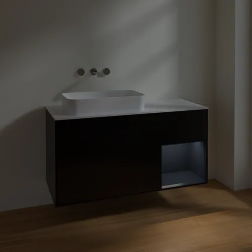 VILLEROY BOCH Toaletní skříňka Finion, s osvětlením, 3 výsuvy, 1200 x 603 x 501 mm, černý matný lak / půlnoční modrý matný lak / bílé matné sklo #F691HGPD, obrázek 4