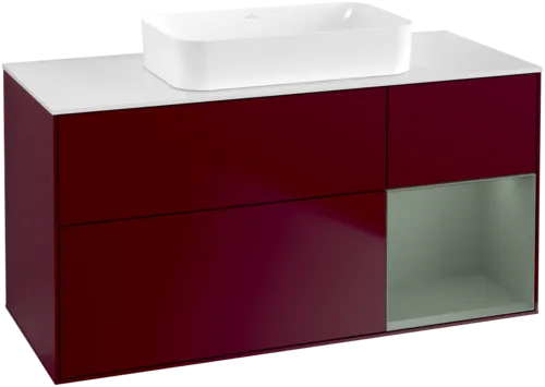 VILLEROY BOCH Toaletní skříňka Finion, s osvětlením, 3 výsuvy, 1200 x 603 x 501 mm, Pivoňka matný lak / Olivový matný lak / Sklo bílé matné #F711GMHB