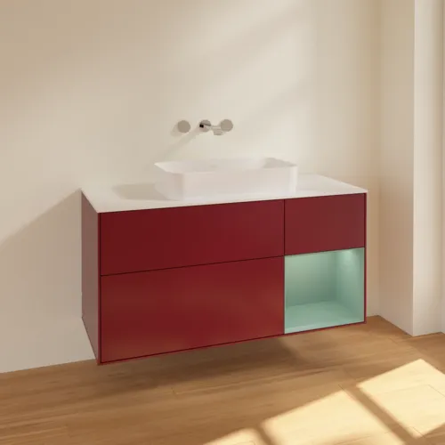VILLEROY BOCH Toaletní skříňka Finion, s osvětlením, 3 výsuvy, 1200 x 603 x 501 mm, Pivoňka matný lak / Olivový matný lak / Sklo bílé matné #F711GMHB, obrázek 2