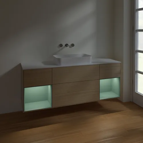 VILLEROY BOCH Toaletní skříňka Finion, s osvětlením, 4 výsuvy, 1600 x 603 x 501 mm, dubová dýha / olivový matný lak / sklo bílé matné #F741GMPC, obrázek 5