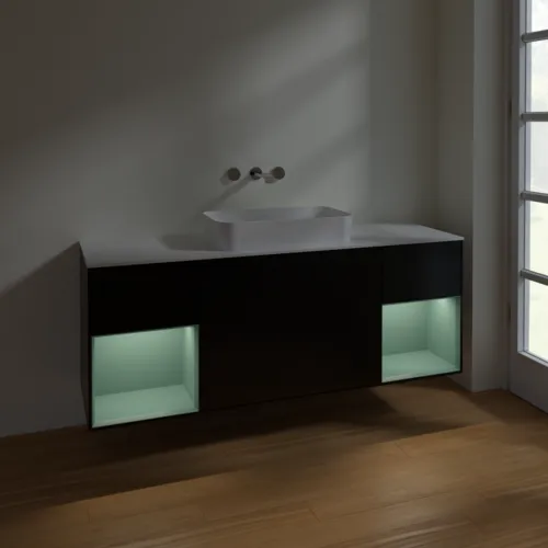 VILLEROY BOCH Toaletní skříňka Finion, s osvětlením, 4 výsuvy, 1600 x 603 x 501 mm, černý matný lak / olivový matný lak / bílé matné sklo #F741GMPD, obrázek 5