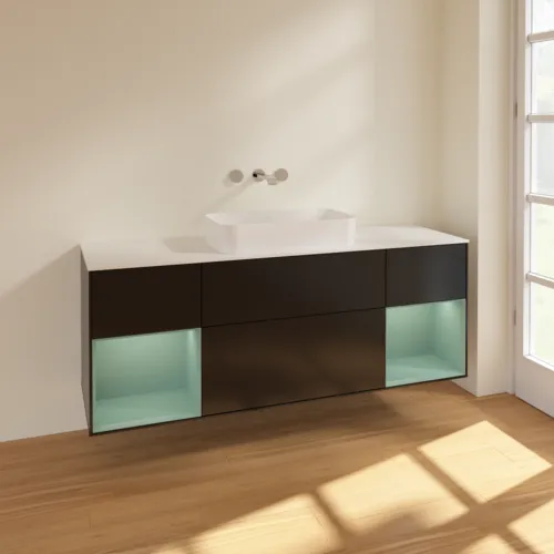 VILLEROY BOCH Toaletní skříňka Finion, s osvětlením, 4 výsuvy, 1600 x 603 x 501 mm, černý matný lak / olivový matný lak / bílé matné sklo #F741GMPD, obrázek 2