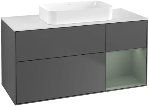 VILLEROY BOCH Toaletní skříňka Finion, s osvětlením, 3 výsuvy, 1200 x 603 x 501 mm, antracitový matný lak / olivový matný lak / bílé matné sklo #F711GMGK
