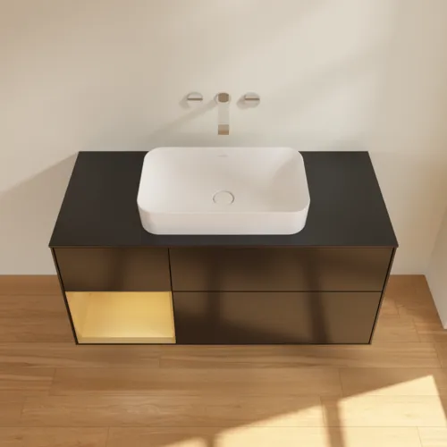 VILLEROY BOCH Toaletní skříňka Finion, s osvětlením, 3 výsuvy, 1200 x 603 x 501 mm, černý matný lak / zlatý matný lak / černé matné sklo #F702HFPD, obrázek 3