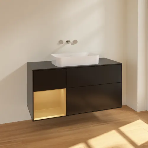 VILLEROY BOCH Toaletní skříňka Finion, s osvětlením, 3 výsuvy, 1200 x 603 x 501 mm, černý matný lak / zlatý matný lak / černé matné sklo #F702HFPD, obrázek 2