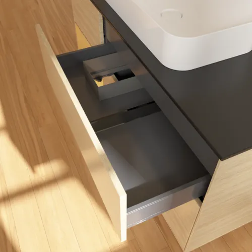 VILLEROY BOCH Toaletní skříňka Finion, s osvětlením, 3 výsuvy, 1200 x 603 x 501 mm, dubová dýha / zlatý matný lak / černé matné sklo #F702HFPC, obrázek 4