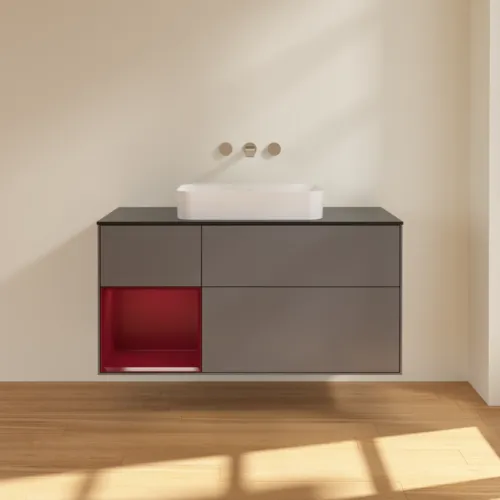 VILLEROY BOCH Toaletní skříňka Finion, s osvětlením, 3 výsuvy, 1200 x 603 x 501 mm, antracitový matný lak / pivoňkový matný lak / černé matné sklo #F702HBGK, obrázek 2