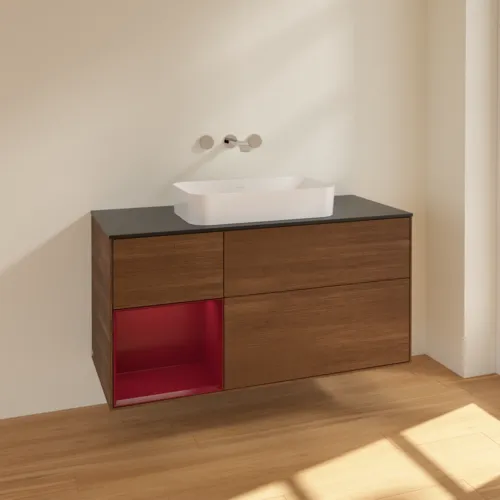 VILLEROY BOCH Toaletní skříňka Finion, s osvětlením, 3 výsuvy, 1200 x 603 x 501 mm, ořechová dýha / matný lak Pivoňka / černé matné sklo #F702HBGN, obrázek 2