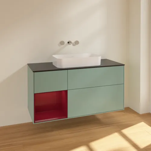 VILLEROY BOCH Toaletní skříňka Finion, s osvětlením, 3 výsuvy, 1200 x 603 x 501 mm, olivový matný lak / pivoňkový matný lak / černé matné sklo #F702HBGM, obrázek 2