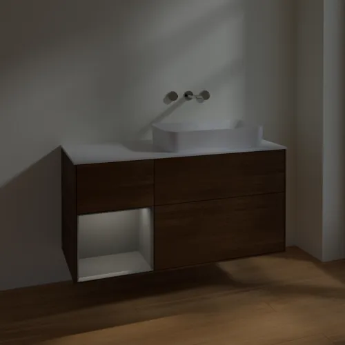 VILLEROY BOCH Toaletní skříňka Finion, s osvětlením, 3 výsuvy, 1200 x 603 x 501 mm, ořechová dýha / antracitový matný lak / bílé matné sklo #F681GKGN, obrázek 5