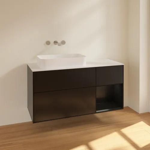 VILLEROY BOCH Toaletní skříňka Finion, s osvětlením, 3 výsuvy, 1200 x 603 x 501 mm, černý matný lak / černý matný lak / sklo bílé matné #F691PDPD, obrázek 2