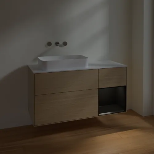 VILLEROY BOCH Toaletní skříňka Finion, s osvětlením, 3 výsuvy, 1200 x 603 x 501 mm, dubová dýha / černý matný lak / bílé matné sklo #F691PDPC, obrázek 4