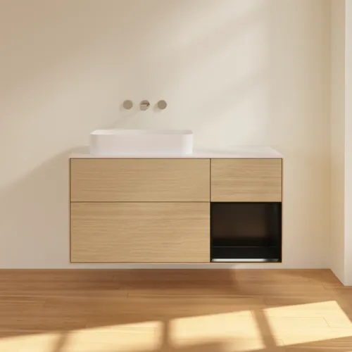VILLEROY BOCH Toaletní skříňka Finion, s osvětlením, 3 výsuvy, 1200 x 603 x 501 mm, dubová dýha / černý matný lak / bílé matné sklo #F691PDPC, obrázek 3