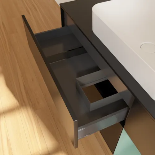 VILLEROY BOCH Toaletní skříňka Finion, s osvětlením, 3 výsuvy, 1200 x 603 x 501 mm, černý matný lak / olivový matný lak / černé matné sklo #F712GMPD, obrázek 4