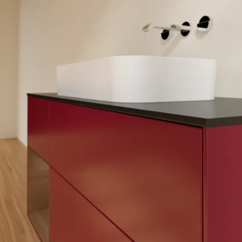 VILLEROY BOCH Toaletní skříňka Finion, s osvětlením, 3 výsuvy, 1200 x 603 x 501 mm, matný lak Peony / ořechová dýha / černé matné sklo #F702GNHB, obrázek 4
