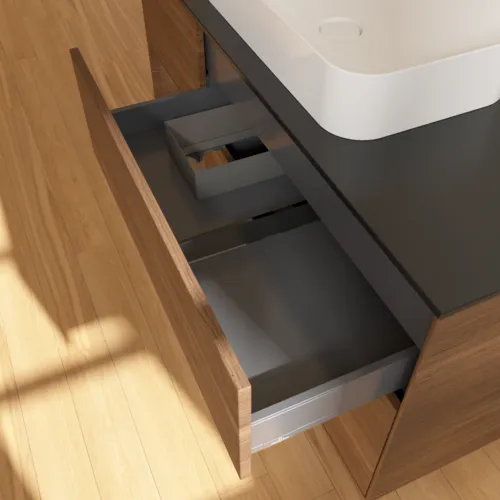 VILLEROY BOCH Toaletní skříňka Finion, s osvětlením, 3 výsuvy, 1200 x 603 x 501 mm, ořechová dýha / ořechová dýha / sklo černé matné #F702GNGN, obrázek 5