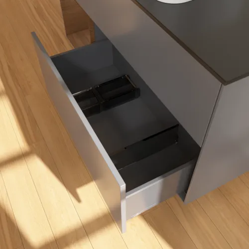 VILLEROY BOCH Toaletní skříňka Finion, s osvětlením, 3 výsuvy, 1200 x 603 x 501 mm, antracitový matný lak / ořechová dýha / černé matné sklo #F702GNGK, obrázek 5