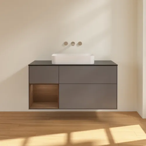 VILLEROY BOCH Toaletní skříňka Finion, s osvětlením, 3 výsuvy, 1200 x 603 x 501 mm, antracitový matný lak / ořechová dýha / černé matné sklo #F702GNGK, obrázek 3