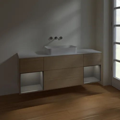 VILLEROY BOCH Toaletní skříňka Finion, s osvětlením, 4 výsuvy, 1600 x 603 x 501 mm, dubová dýha / antracitový matný lak / bílé matné sklo #F741GKPC, obrázek 3