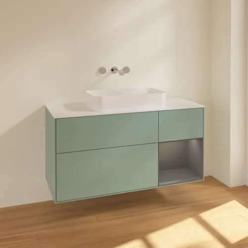 VILLEROY BOCH Toaletní skříňka Finion, s osvětlením, 3 výsuvy, 1200 x 603 x 501 mm, olivový matný lak / antracitový matný lak / bílé matné sklo #F711GKGM, obrázek 2