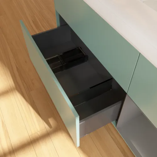 VILLEROY BOCH Toaletní skříňka Finion, s osvětlením, 3 výsuvy, 1200 x 603 x 501 mm, olivový matný lak / antracitový matný lak / bílé matné sklo #F711GKGM, obrázek 5