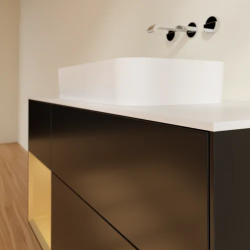 VILLEROY BOCH Toaletní skříňka Finion, s osvětlením, 3 výsuvy, 1200 x 603 x 501 mm, černý matný lak / zlatý matný lak / bílé matné sklo #F701HFPD, obrázek 4