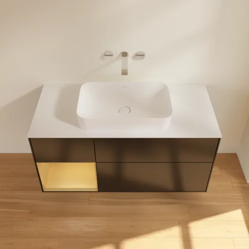 VILLEROY BOCH Toaletní skříňka Finion, s osvětlením, 3 výsuvy, 1200 x 603 x 501 mm, černý matný lak / zlatý matný lak / bílé matné sklo #F701HFPD, obrázek 3