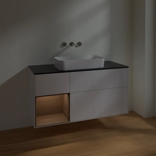 VILLEROY BOCH Toaletní skříňka Finion, s osvětlením, 3 výsuvy, 1200 x 603 x 501 mm, lesklý bílý lak / ořechová dýha / černé matné sklo #F702GNGF, obrázek 3