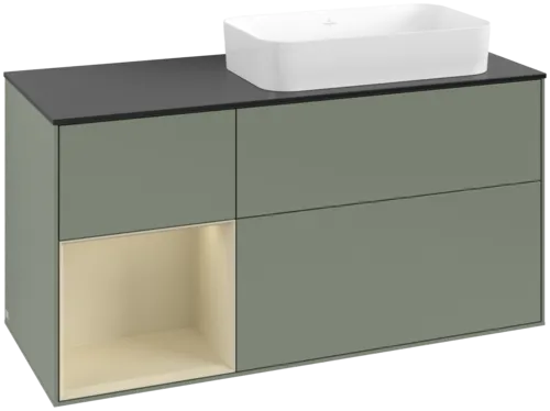 VILLEROY BOCH Toaletní skříňka Finion, s osvětlením, 3 výsuvy, 1200 x 603 x 501 mm, olivový matný lak / hedvábně šedý matný lak / černé matné sklo #F682HJGM