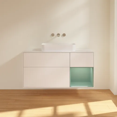 VILLEROY BOCH Toaletní skříňka Finion, s osvětlením, 3 výsuvy, 1200 x 603 x 501 mm, bílý matný lak / olivový matný lak / sklo bílé matné #F711GMMT, obrázek 2