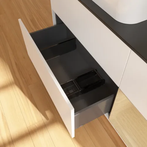 VILLEROY BOCH Toaletní skříňka Finion, s osvětlením, 3 výsuvy, 1200 x 603 x 501 mm, bílý matný lak / dubová dýha / černé matné sklo #F692PCMT, obrázek 5