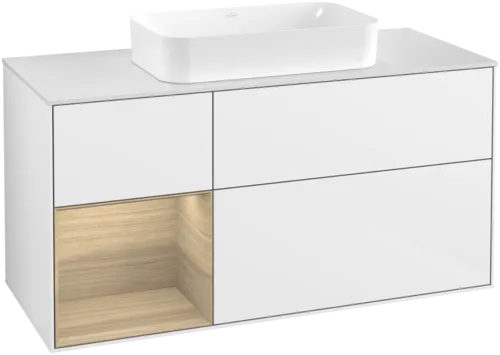 VILLEROY BOCH Toaletní skříňka Finion, s osvětlením, 3 výsuvy, 1200 x 603 x 501 mm, lesklý bílý lak / dubová dýha / sklo bílé matné #F701PCGF