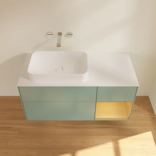 VILLEROY BOCH Toaletní skříňka Finion, s osvětlením, 3 výsuvy, 1200 x 603 x 501 mm, olivový matný lak / zlatý matný lak / bílé matné sklo #F691HFGM, obrázek 3