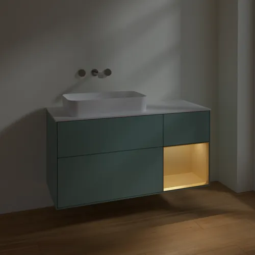 VILLEROY BOCH Toaletní skříňka Finion, s osvětlením, 3 výsuvy, 1200 x 603 x 501 mm, olivový matný lak / zlatý matný lak / bílé matné sklo #F691HFGM, obrázek 4