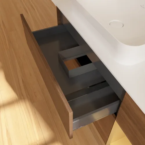 VILLEROY BOCH Toaletní skříňka Finion, s osvětlením, 3 výsuvy, 1200 x 603 x 501 mm, ořechová dýha / zlatý matný lak / sklo bílé matné #F691HFGN, obrázek 6