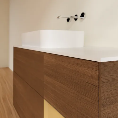VILLEROY BOCH Toaletní skříňka Finion, s osvětlením, 3 výsuvy, 1200 x 603 x 501 mm, ořechová dýha / zlatý matný lak / sklo bílé matné #F691HFGN, obrázek 5