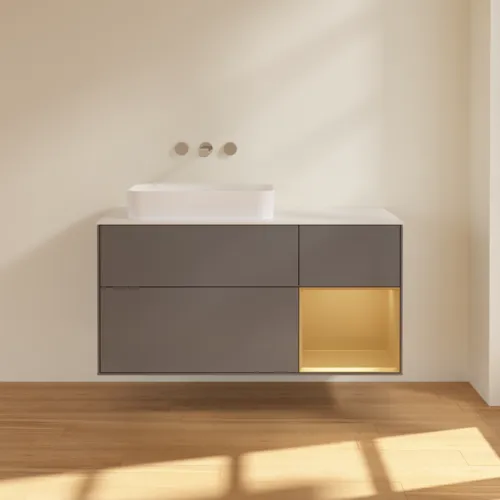 VILLEROY BOCH Toaletní skříňka Finion, s osvětlením, 3 výsuvy, 1200 x 603 x 501 mm, antracitový matný lak / zlatý matný lak / bílé matné sklo #F691HFGK, obrázek 2